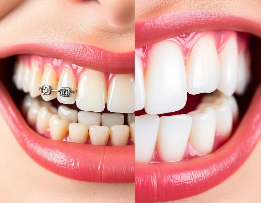 Braces before and after result — 18 months of orthodontic treatment for severe crowding.
